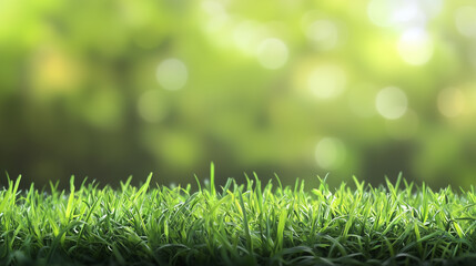 Wall Mural - a fresh spring sunny garden background of green grass and blurred foliage bokeh.