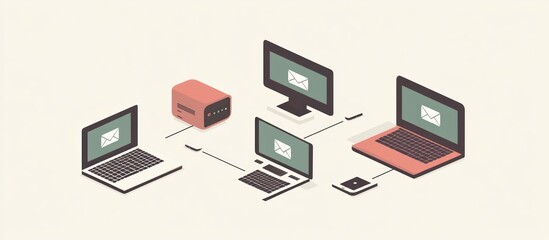 Poster - Isometric network illustration showing connected devices and email messaging