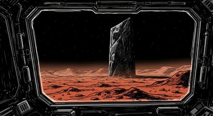 Aufkleber - A spacecraft interior view looking out at a monolithic structure on a red planet.