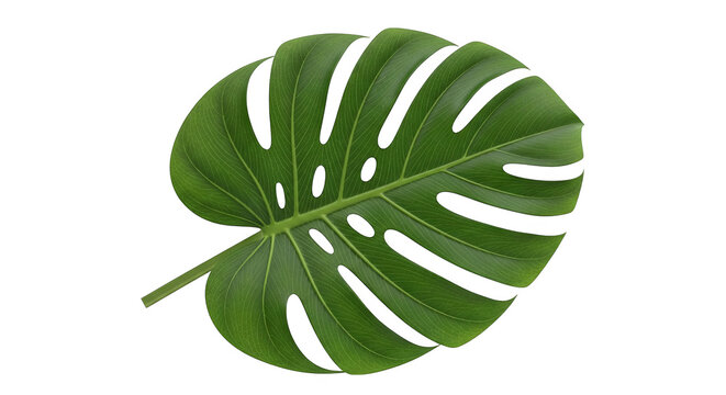 Isolated Monstera leaf presents vibrant textures and intricate fenestrations on a dark canvas.