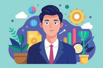 Poster - Professional man in a suit stands before colorful charts and plants illustrating growth and productivity in an office environment