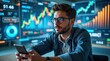 © Momphoto - A focused man analyzes financial data on multiple screens while holding a smartphone, immersed in stock market trends and trading analytics.