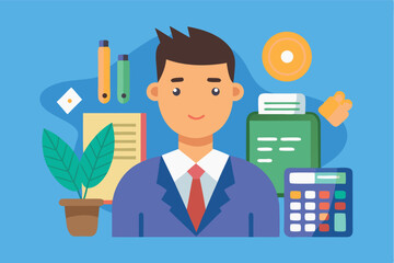 Poster - Professional man in suit posing with office items in a bright workspace, showcasing productivity and organization skills