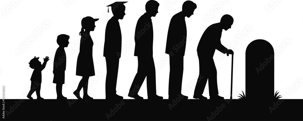 Silhouette showing the stages of life from birth to death with ...