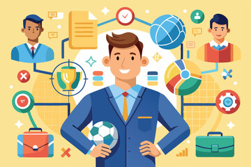 Poster - Business professional balancing sports and technology in an office environment with data representation