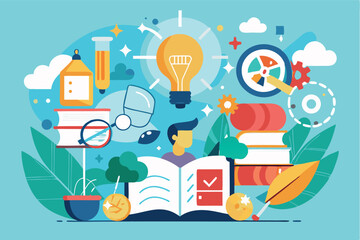Aufkleber - Educational creativity and innovation illustrated through a colorful design featuring books and lightbulbs