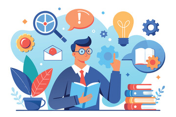 Poster - Creative professional brainstorming new ideas with various symbols and elements in a modern workspace