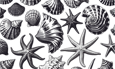 scalable vector illustration featuring a diverse collection of seashells and starfish, shell types—s