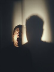 Poster - Shadow Casting Dramatic Contrast as Calm Individual Appears in Foreground While Yelling Self Projects in Background During Evening Lighting