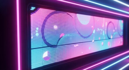 Poster - Abstract digital artwork displayed on a vibrant screen within a neon-lit corridor.
