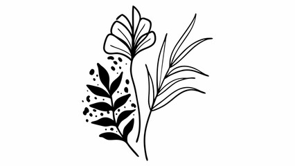 Aufkleber - Minimalist botanical illustration with flower leaves and dots in black and white simple drawing style created with generated ai