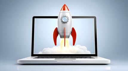 Poster - A laptop sits open on a minimalist color background, featuring a graphic of a steampunk space rocket blasting off. The sleek and simple backdrop emphasizes the intricate details of the rocket,