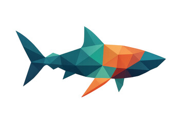 Poster - Low poly shark created connecting lines and triangles in vibrant orange, blue and green colors on a transparent background