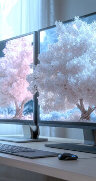 Two computer monitors display dreamy pink/white cherry blossom trees against a cool blue backdrop