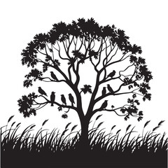 silhouette of a tree with birds perched on its branches