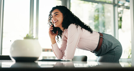 Aufkleber - Phone call, smile and chat with business woman in office for networking, schedule manager and contact. Communication, planning and conversation with person as virtual consultant and discussion
