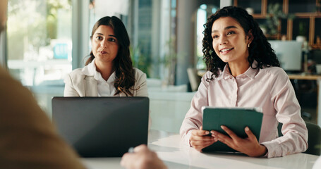 Poster - Business, women and meeting with tech in office for finance report, planning and investment pitch. Smile, people and online with team for brainstorming, profit growth and revenue feedback of proposal