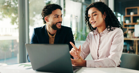 Poster - Smile, people and meeting with laptop in office for finance report, ideas and investment pitch. Staff, explain and online with team for profit growth, revenue and chart results for financial proposal