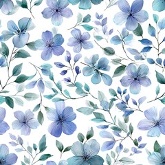 Poster - watercolor flowers in soft shades of blue and green, arranged on an isolated white background. The flowers include small violet blossoms with petals that have the appearance of lightness,