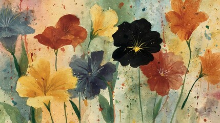 Poster - Bright vibrant watercolor palette, with primary colors being the focal point, a painting of watercolor and indian ink wildflowers, with paint splashes, and paint drips forming the flowers.
