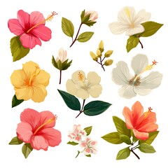 Poster - Clip art elements of hibiscus flower separate elements, retro feel, flat vector simple white background