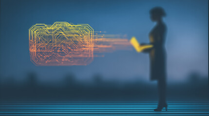 Poster - Digital Data Flow: A silhouetted figure stands before a vibrant display of technology, a visual symphony of data streams and a laptop computer.