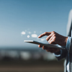 Poster - Digital Nomad: A close-up shot features a person in a suit interacting with a tablet computer outdoors, possibly representing a digital nomad, with a blue sky providing the backdrop.