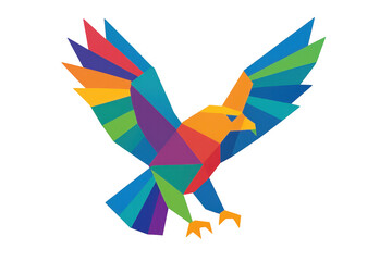 Poster - Geometric multicolor eagle flying, low-poly style graphic silhouette spreading wings against transparent backdrop