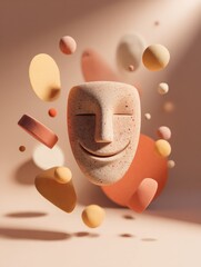 Poster - Smiling Clay Face Surrounded by Colorful Abstract Shapes in a Minimalist Environment