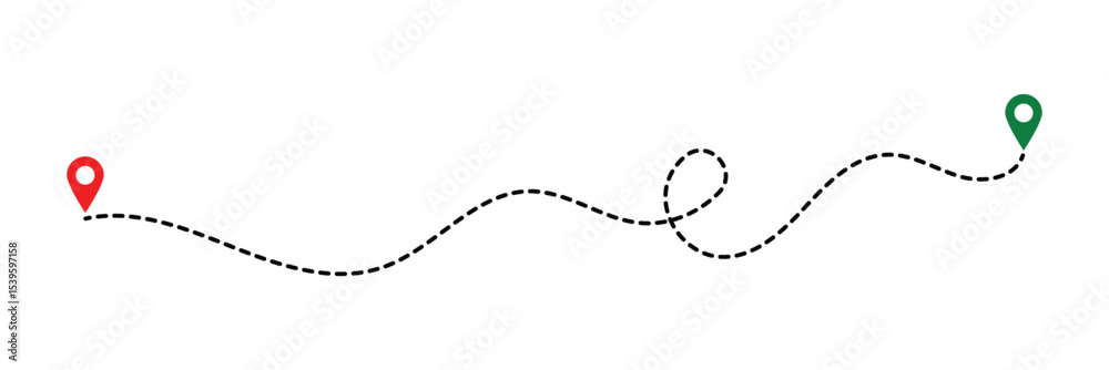 Dot line path route travel banner illustration with location map pin ...