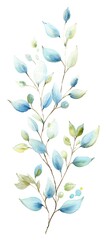 Poster - Simple watercolor, small delicate floral branch in the form of a rank with baby blue and green colors, neutral, white background, clean edges, no splashes of paint outside the frame.