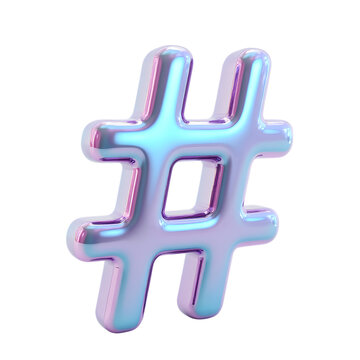 Iridescent hashtag symbol close up view isolated on transparent background