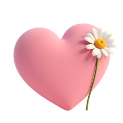 Poster - Pink heart with a white daisy flower isolated on transparent background