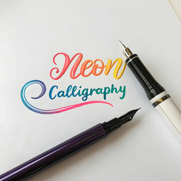 calligraphy neon text with fountain pen and pencil