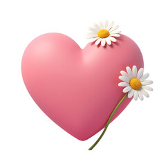 Poster - Pink heart with two daisies on a black isolated background isolated on transparent background