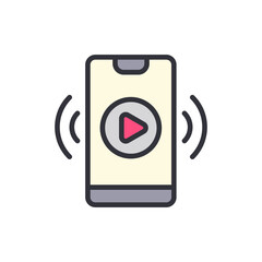 Poster - Modern Smartphone Displaying A Play Button Icon And Transmitting Signal