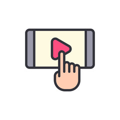 Poster - Hand Tapping Play Button On Mobile Phone Displaying Media Content