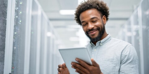 Poster - Modern Data Center Technician Using Tablet for Network Management and System Monitoring in High-Tech Server Environment, Emphasizing IT Security