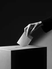 Poster - Modern Minimalist Black and White Voter Casting Ballot Paper into Ballot Box Symbolizing Democratic Participation and Electoral Engagement