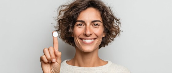 Poster - Confident woman showing vote sticker on finger with smile, symbolizing democratic participation, civic pride, and voter engagement for social awareness campaigns