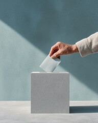 Aufkleber - Minimalist Election Voting Scene with Mature Voter Hand Inserting Ballot into Modern Textured Box - Civic Responsibility and Democratic Engagement