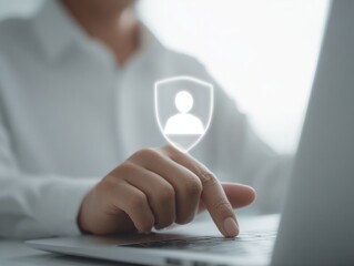 Poster - Modern digital identity verification with holographic security interface and user profile icon on sleek laptop in minimalist business environment