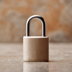 Poster - Secure Metallic Padlock on Reflective Surface with Rustic Earthy Tones Emphasizing Password Protection and Robust Digital Security Infrastructure