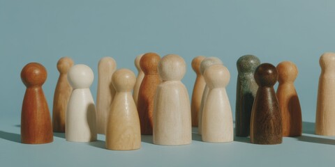 Poster - Diverse Wooden Figurines Representing Workplace Inclusion and Unity in a Supportive Community for Modern Social and Cultural Campaigns