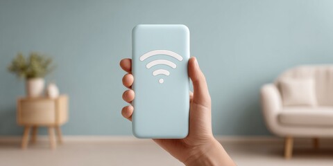 Aufkleber - Smartphone Hotspot with Floating WiFi Icons in Modern Minimalist Interior for Wireless Connectivity Marketing and Unlimited Data Sharing Promotion