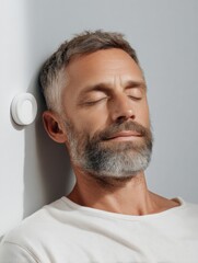 Poster - Modern Wellness Bedroom with Mature Bearded Man Using Smart HVAC Control for Sleep Sanctuary and Calm Atmosphere in Minimalist Interior Design
