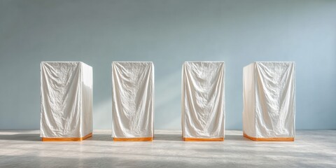 Poster - Election Day Voting Booths in Spacious Polling Station with Vibrant Triadic Colors and Glossy Faceted Textures Highlighting Democratic Participation