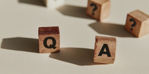 Poster - FAQ Concept with Wooden Letter Blocks Q and A on Neutral Surface Featuring Bold Lighting and Glossy Textures for Customer Support Marketing