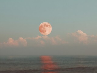 Aufkleber - Tranquil Moonrise Over Calm Ocean with Soft Clouds and Shimmering Reflection, Evoking Peace and Timeless Nocturnal Beauty for Wellness and Eco Content