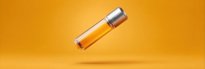 Poster - Modern sleek epipen case floating mid-air on vibrant orange background showcasing allergy emergency preparedness and health tech innovation